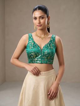 Sareemall - Teal Green Jacquard Floral Design Woven Blouse