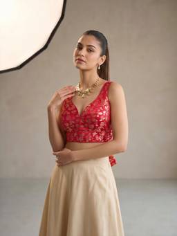 Sareemall - Red Jacquard Floral Design Woven Blouse
