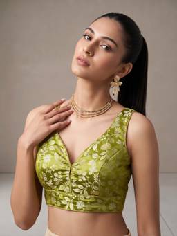 Sareemall - Olive Jacquard Floral Design Woven Blouse
