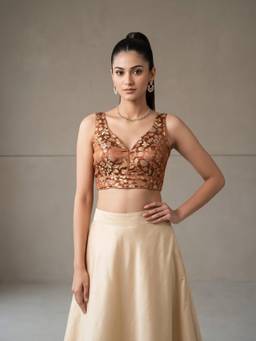 Sareemall - Brown Jacquard Floral Design Woven Blouse