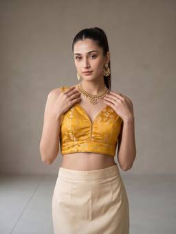 Sareemall - Mustard Jacquard Floral Design Woven Blouse