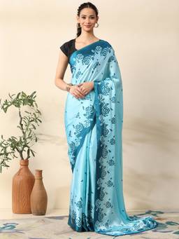 Garden VARELI - Women Blue Satin Floral Printed Ready To Wear Saree