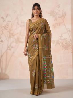 Akhilam - Women Cotton Linen Khaki Floral Designer Saree