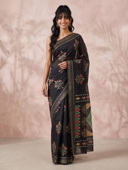 Akhilam - Women Cotton Linen Black Floral Designer Saree