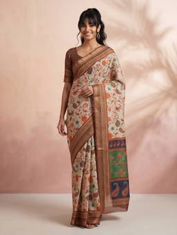 Akhilam - Women Cotton Linen Ivory Paisley Designer Saree