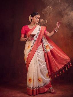 Akhilam - Women Satin Off White Woven Designer Handloom Saree