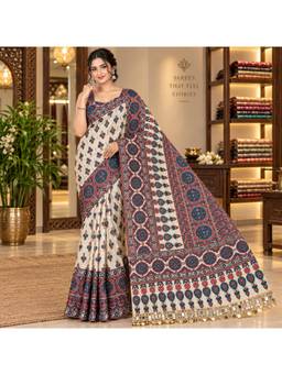 FLOSIVE - Women Silk Blend Off White Embroidered Mirror Work Saree