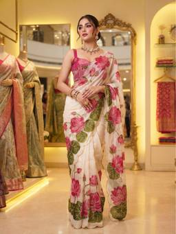FLOSIVE - Women Silk Blend White Embroidered Thread Work Saree