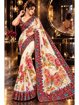 FLOSIVE - Women Silk Blend White Embroidered Mirror Work Saree