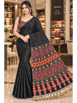 FLOSIVE - Women Chinon Black Embroidered Mirror Work Saree