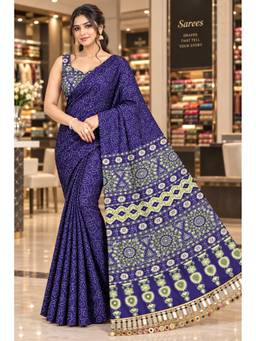 FLOSIVE - Women Chinon Blue Embroidered Mirror Work Saree