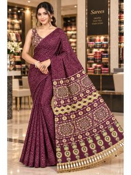 FLOSIVE - Women Chinon Wine Embroidered Mirror Work Saree