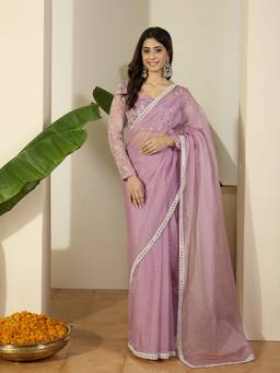 INDDUS - Women Embroidered Embellished Mirror Work Organza Saree
