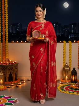 Akhilam - Women Georgette Red Embroidered Designer Saree
