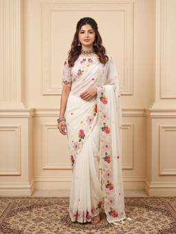 Akhilam - Women Georgette White Embroidered Designer Saree