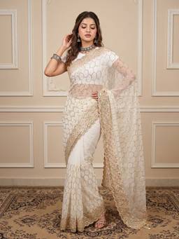 Akhilam - Women Georgette Off White Embroidered Designer Saree