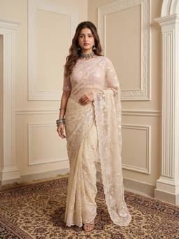 Akhilam - Women Georgette Ivory Embroidered Designer Saree