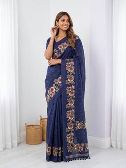 Akhilam - Women Silk Navy Blue Floral Designer Saree