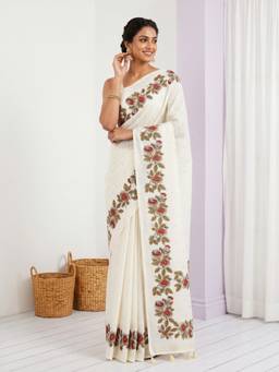 Akhilam - Women Silk Off White Floral Designer Saree