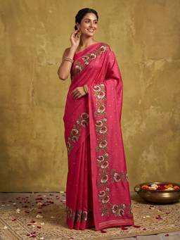 Akhilam - Women Silk Pink Floral Designer Saree