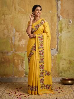Akhilam - Women Silk Yellow Floral Designer Saree