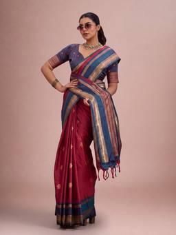 Akhilam - Women Tussar Silk Maroon Woven Designer Handloom Saree