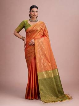 Akhilam - Women Tussar Silk Orange Woven Designer Handloom Saree