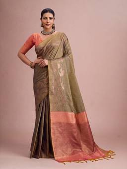 Akhilam - Women Tussar Silk Green Woven Designer Handloom Saree