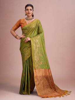 Akhilam - Women Tussar Silk Green Woven Designer Handloom Saree
