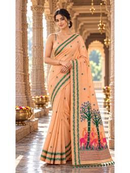 Anjaneya Sarees - Peach Woven Designer Cotton Printed Saree