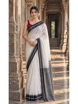 Anjaneya Sarees - White Woven Designer Cotton Printed Saree
