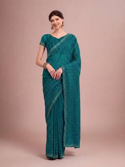 Akhilam - Women Tissue Teal Embroidered Designer Saree