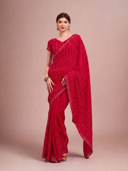 Akhilam - Women Tissue Red Embroidered Designer Saree