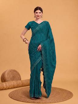 Akhilam - Women Tissue Teal Embroidered Designer Saree