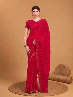 Akhilam - Women Tissue Red Embroidered Designer Saree