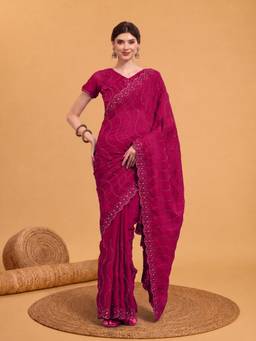 Akhilam - Women Tissue Pink Embroidered Designer Saree