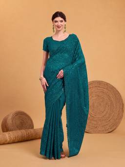 Akhilam - Women Tissue Teal Embroidered Designer Saree