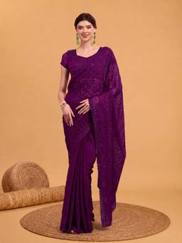 Akhilam - Women Tissue Purple Embroidered Designer Saree