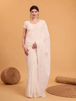 Akhilam - Women Tissue Off White Embroidered Designer Saree