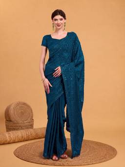 Akhilam - Women Tissue Teal Embroidered Designer Saree