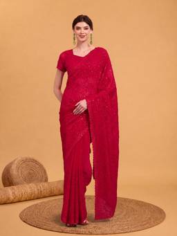 Akhilam - Women Tissue Red Embroidered Designer Saree