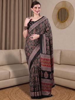 Akhilam - Women Silk Black Printed Designer Saree