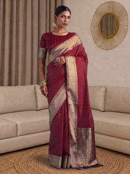 Akhilam - Women Banarasi Silk Maroon Designer Handloom Saree