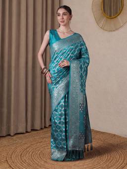 Akhilam - Women Silk Turquoise Printed Designer Saree