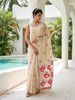 Akhilam - Women Chanderi Cream Woven Designer Handloom Saree