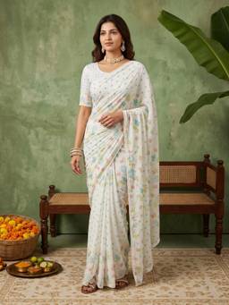 Akhilam - Women Georgette White Embroidered Designer Saree