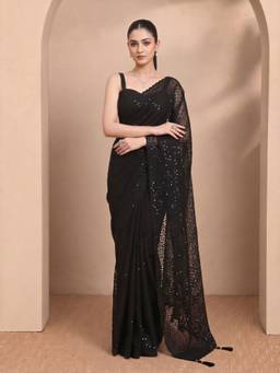 Akhilam - Women Net Black Embroidered Designer Saree