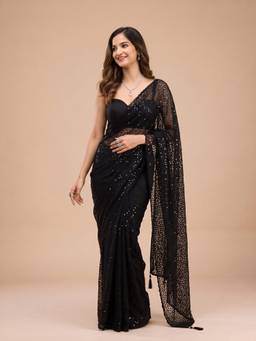 Akhilam - Women Net Black Embroidered Designer Saree