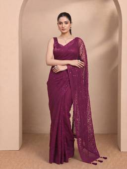 Akhilam - Women Net Purple Embroidered Designer Saree