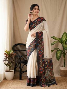 Akhilam - Women Linen Blend Off White Printed Designer Saree